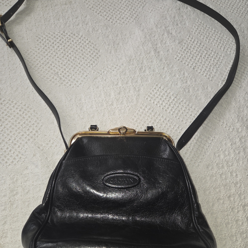 Oroton Black Leather Frame-Top Crossbody with Gold Hardware